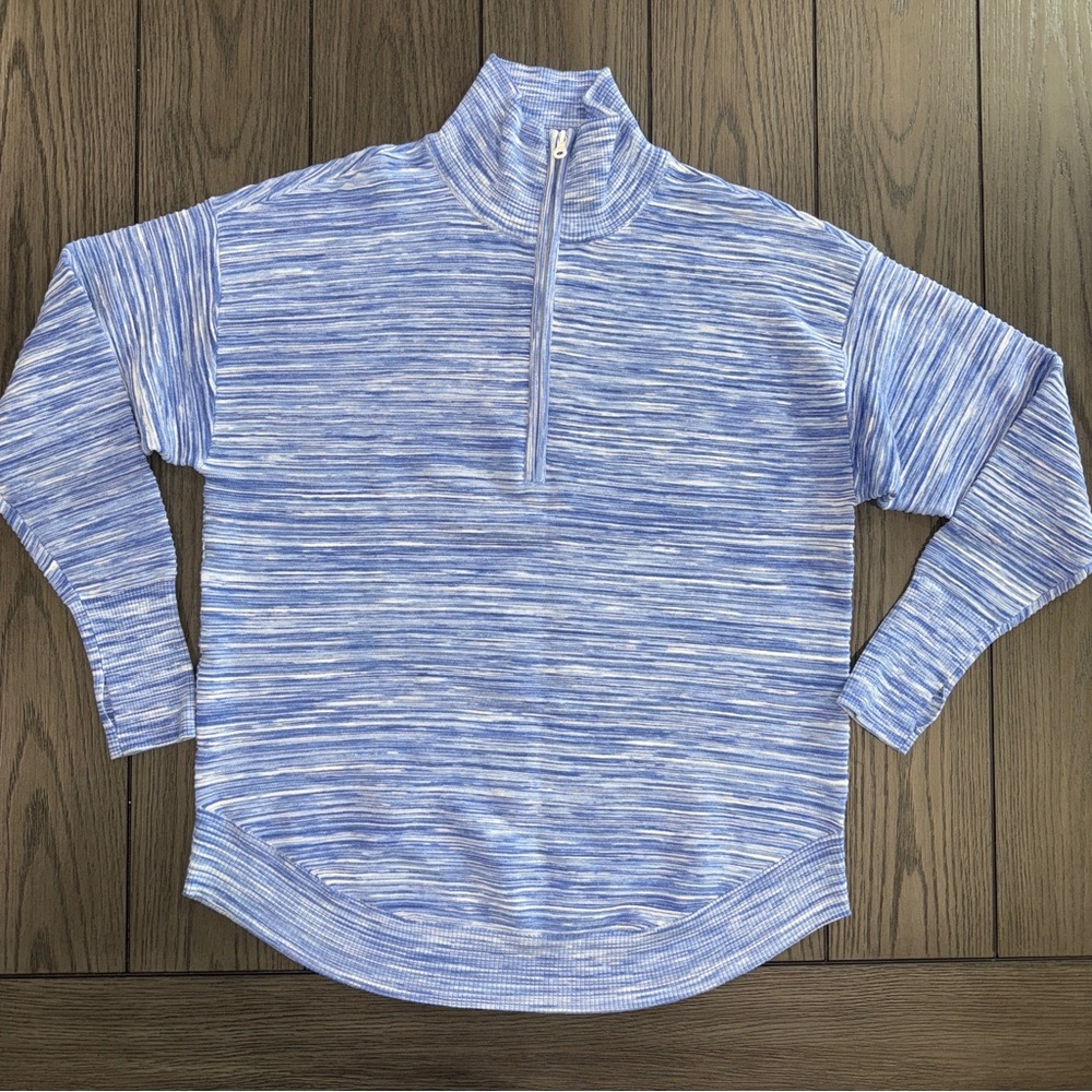 Aerie Oversized Ribbed Quarter Zip Pullover Sweatshirt Blue Space Dye Size Small